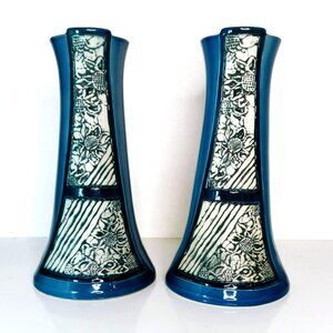 Malaysia Handicraft Tenmoku Pottery Vases Blue White Floral Design 11" Tall Set